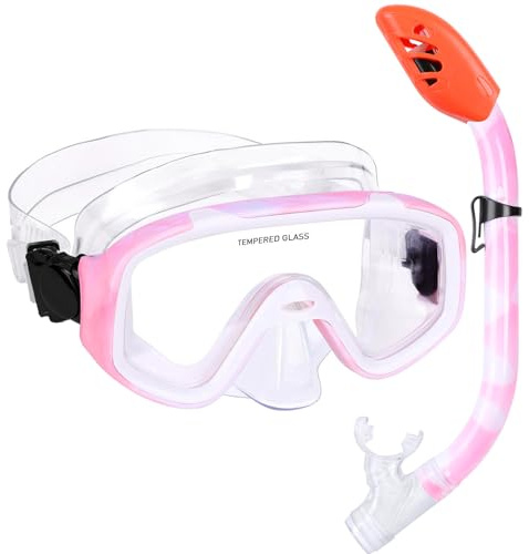 Kids Snorkel Set, Children Anti-Fog Diving Mask Swimming Goggles Full Dry Top Snorkel Equipment Snorkeling Packages Swimming Gear for Youth Boys Girls Age 5-10 (Pink White)