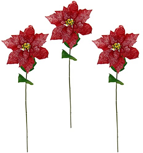 Flair Flower Künstliche Poinsettia Blume mit Glitter Kunstblume Weihnachtsstern Weihnachtliche Einzelblume Zweig Weihnachtsdeko Weihnachtsblume X'Mas Strauß Geschenk Tischschmuck Tischdekoration Deko