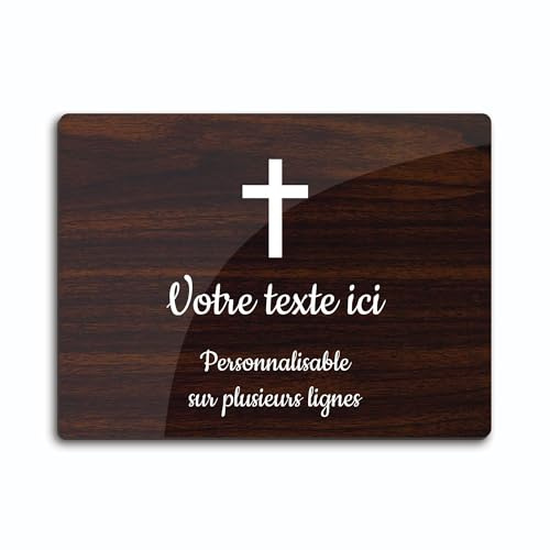 OCAP-FUNERAIRE.COM Grabschild mit Gravur Motiv christliches Kreuz, selbstklebend, Modell Rechteck (20 x 15 cm), personalisierbar, 1 bis 3 Zeilen Holz
