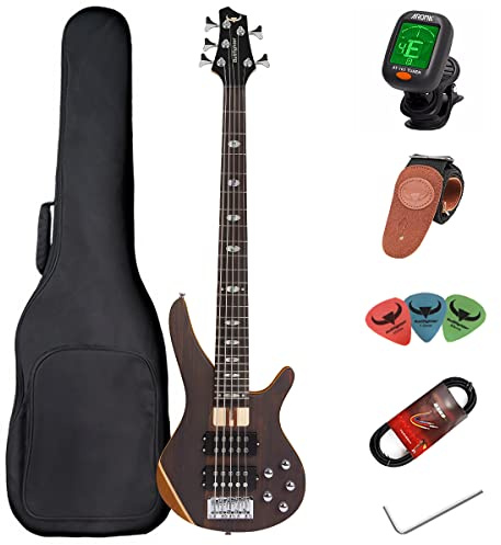 Bajo eléctrico 4 cuerdas de tamaño completo P bass kit para principiantes negro con bolsa de concierto, correa de guitarra y cable de guitarra (5)