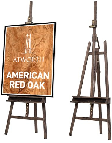 ATWORTH Staffelei Holz Groß 66x226 cm, Neigbare Malstaffelei Leinwandständer aus Eiche, Klappbare Atelierstaffelei mit Aufbewahungstablett, Hält Leinwände bis 122cm, Grauer Walnuss