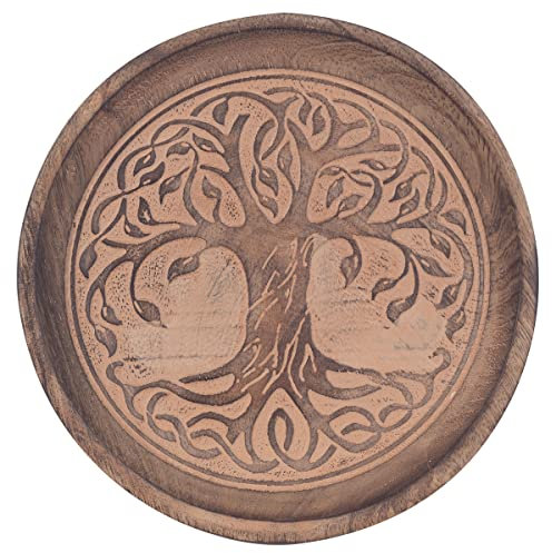 Plato Decorativo de Madera de Mango Árbol de la Vida Grabado Adornos y Cuadros. Centros de Mesa. Regalos Originales. Decoración Hogar. 16 x 16 x 2,50 cm