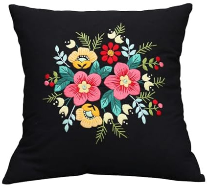 Kebile Kit de broderie DIY pour housse de coussin - Motif floral - Taille unique - Tissu de haute qualité - Pour débutants et enfants/adultes - Non pliable