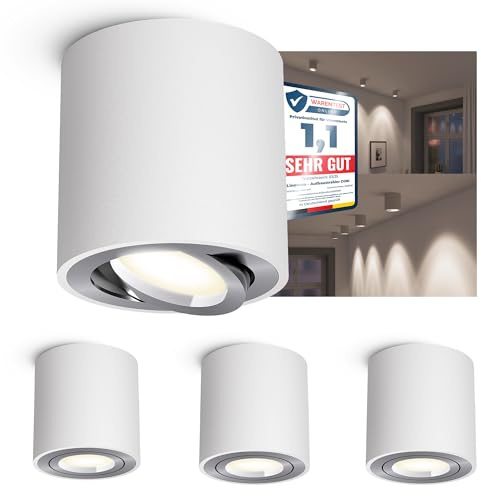 linovum CORI Aufbauspot weiß-silber rund GU10 6,5W neutralweiß dimmbar | Schwenkbarer Deckenspot weiß mit Alu-Ring - neutralweiß, dimmbar, für Wohnzimmer, Flur & Büro, inkl. GU10 LED