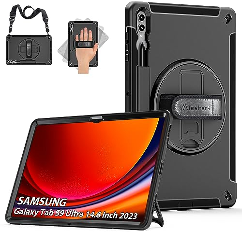 Hülle für Samsung Galaxy Tab S10 Ultra/S9 Ultra/S8 Ultra 14.6 Zoll 2024/2023/2022: Miesherk 3-Schichte robuste stoßfest Case-Stifthalter-360° Drehbare Ständer-Handschlaufe-Schultergurt-Schwarz
