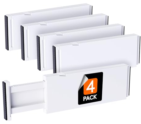 Lifewit Separadores Cajones de 10cm Altura, Organizador Armario, 28-44,5cm Ajustables Divisores para Almacenaje Ropa/Camisetas/Pantalone, Accesorios para Baño/Cocina/Oficina, Blanco, Paquete 4
