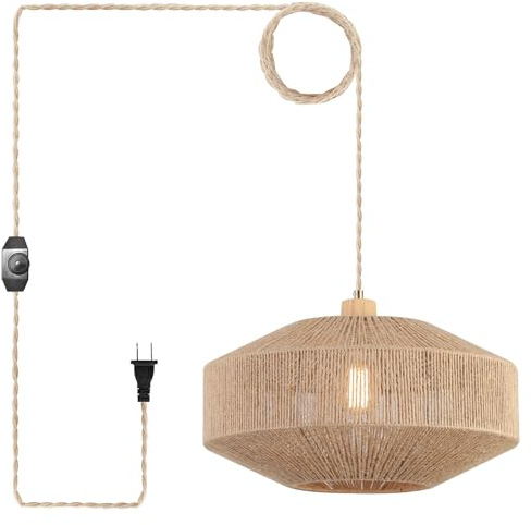 Coastal Large Woven Plug in Pendant Light with 14ft Handmade Woven Light Cord, Dimmable Switch, Natural Hemp Rope Hanging Lamp for Kitchen Island Farmhouse Dining Room Living Room,17.8 inch Width