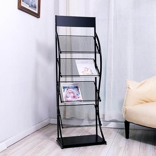 KIROJA Zeitungsständer Boden A4 Magazinregal 4 Fächer, Schule Bibliothek Aktenhalter aus Metall Broschürenregal, Langlebig Literaturständer Klemmbretter Record Organizer (Color : Black)