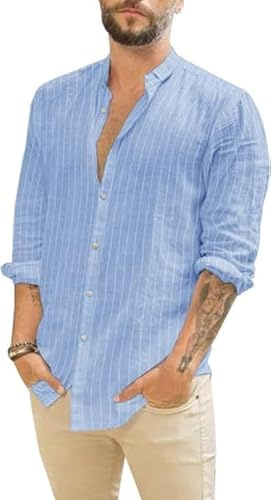 Runcati Chemise en lin pour homme - Chemise d'été à manches longues - Rayée - Chemise de loisirs - Chemise en coton - Coupe droite - Chemise de plage