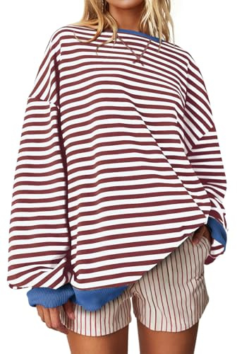 UEU Womens Striped Long Sleeve Sweatshirt Oversized Color Block Crew Neck Shirt Casual Y2K Pullover Top Coffee Striped Large