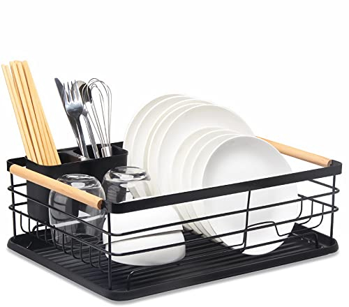 NOURIS Escurreplatos, escurreplatos, escurridor de Platos con Bandeja de Goteo extraíble, Organizador de Metal for Secado de Cocina con Asas de Madera, Blanco, 43 x 30,5 x 14 cm(Black)
