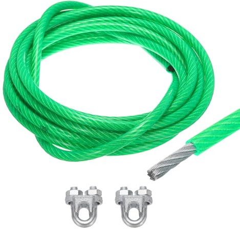 Sourcing Map 12mm (1/2 inch) Green Vinyl Coated Steel Wire Rope, 6m /20ft with 2PCS M12 Loop Sleeves for String Light Hanging, Deck Railing, Garden Wire