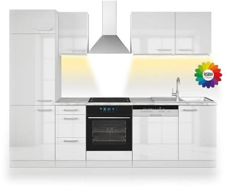 Vicco Küchenzeile Optima, Weiß Hochglanz/Weiß, 270 cm | ohne Arbeitsplatte mit LED-Leisten, zur individuellen Anordnung und Erweiterung geeignet
