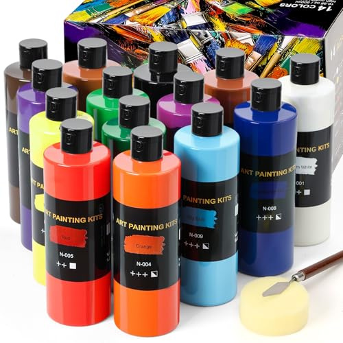 Color More 14 Colors Acrylic Paint Set (500 ml/16.9 oz Large Bottles), Non-Toxic for Kids & Adults, Acrylic Paint Bulk on Wood, Glass, Ceramic, Art Painting Supplies with Palette Knifee & Art Sponge