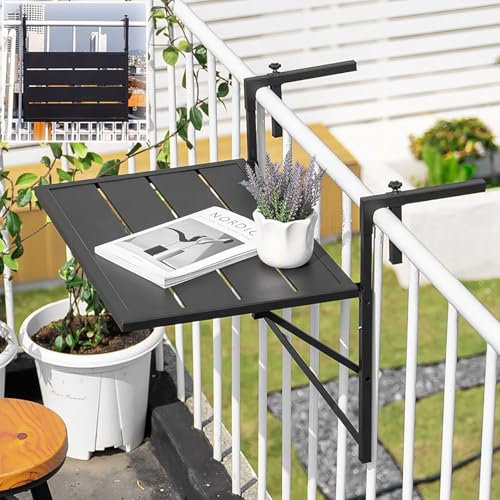 XRRJFYH Balkontisch Hängend Klein Balkontisch Klappbar Wetterfest Klapptisch Balkon Metall Schwarz Balkonhängetisch, 4-stufige Höhenverstellung