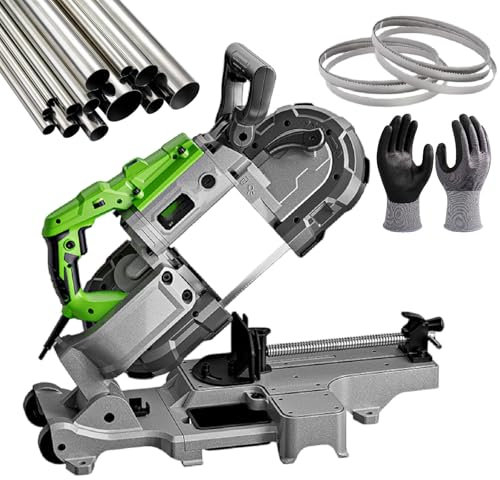 pedenencelia Sega A Nastro per Metallo,Sega A Nastro Portatile da 1100 W,con Linee di Scala,Diametro di Taglio di 4,72 Pollici,Angolo di Taglio Regolabile 45°,con 1 Guanto E 6 Lame per Sega,Withbase