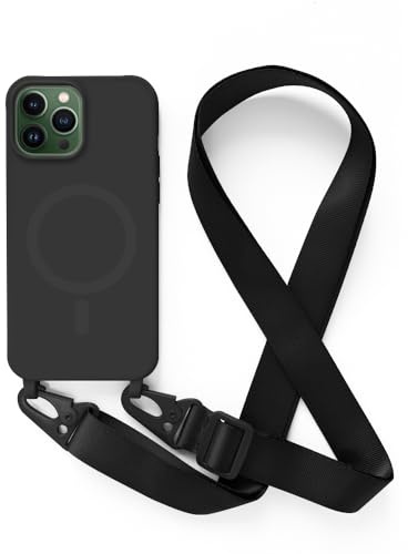 Handykette Hülle für iPhone 13 Pro Max(6.7) mit Band Halsband Lanyard (abnehmbar) Handyhülle, Verstellbarer Lanyard.Magnetisch Stoßfest Silikonhülle Wireless Charging kompatibel .-Schwarz