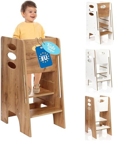 Kitchen Kids Helper Lernturm ab 1 Jahr - Höhenverstellbarer Lernturm Montessori Eiche 80cm - Sicherer Learning Tower für Kinder - Ideal für Küche & Bad - Stabile Konstruktion - Leichter Aufbau