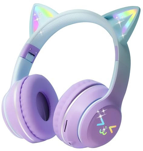 Joso Casque Bluetooth 2 en 1 pour enfants, casque filaire/sans fil avec microphone pour filles et garçons, bandeau réglable, casque pliable à oreilles de chat