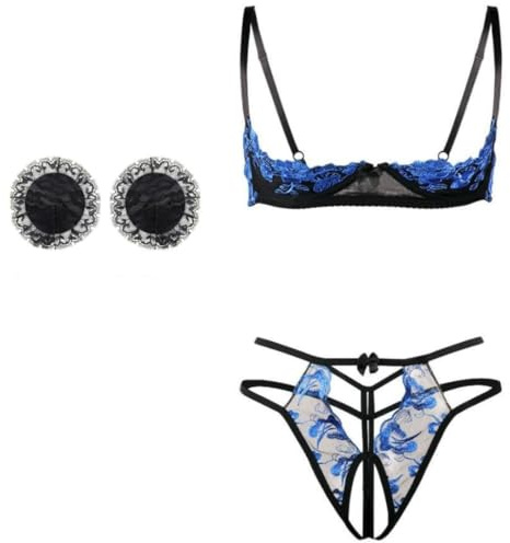 HOTSO Sexy Bra and Panty Sets, Demi Half Cup Push Up Bra, 2 Piece Embroidered Underwire Lace Lingerie Set Babydoll for Women (Blue, One Size)