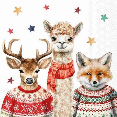 20 Servietten Weihnachten Tiere in warmer Bekleidung als Tischdeko. Papierservietten mit Motiv. Auch für Decoupage und Serviettentechnik 33x33cm