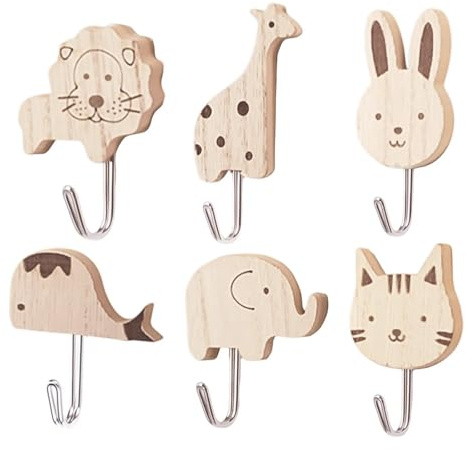 Nujvnuj 6 Stück Niedliche Tier Kleiderhaken Selbstklebende Holz-Wandhaken Perfekte Kinder-Garderobe für Schlafzimmer Badezimmer Kinderzimmer (Süße Cartoon-Tier-Deko Kein Bohren nötig) (Stil 1)