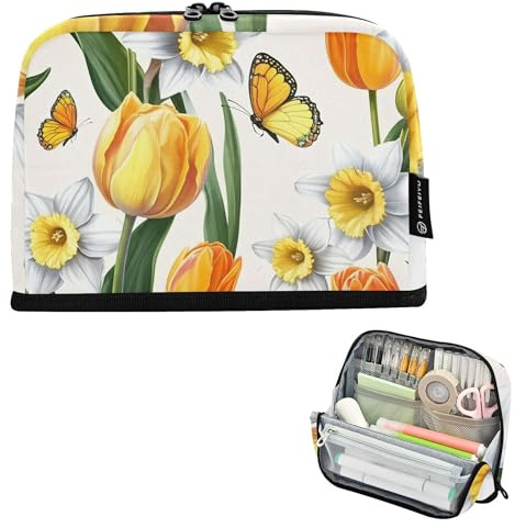 Estuche para lápices con cremallera, tulipanes naranjas, narcisos blancos, bolsa de almacenamiento para lápices, bonita bolsa de marcadores para niñas, suministros de escuela secundaria japonesa