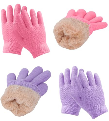 Fjquamitix 2 Paar Kinder Winterhandschuhe Warm – Weiche Thermohandschuhe mit Fleece-Futter für Jungen & Mädchen 5-12 Jahre – Strickhandschuhe für Ski, Laufen & Outdoor-Aktivitäten (Rosa+Lila)