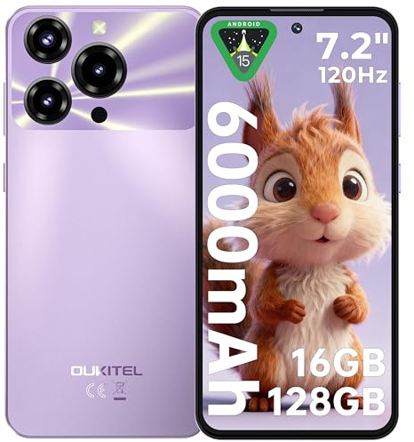 OUKITEL C69 Mobile Phones - Android 15 Smartphone, 7.2 HD+ Large Display, 64MP Camera, 6000mAh Battery Phones, 16GB+128GB/1TB, 4G Dual SIM Free Mobile Phone, Fingerprint/Face ID/GPS/BT5.0,Purple