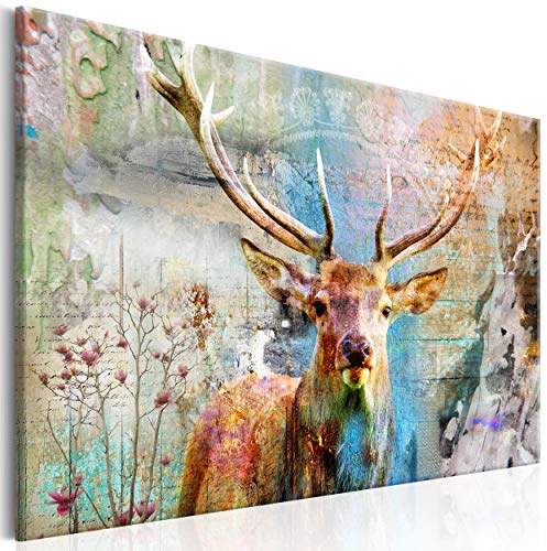 decomonkey Bilder Hirsch 120x80 cm Leinwandbilder Bild auf Leinwand Wandbild Kunstdruck Wanddeko Wand Wohnzimmer Wanddekoration retro Vintage Tiere Hirsche Blumen Holz Textur Aufschriften