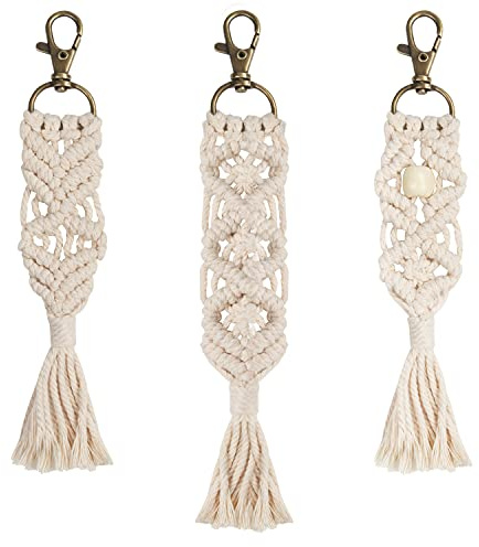 Belle Vous Attache Porte Clé Bohème avec Mini Macramé (Lot de 3) - 3 Modèles - Mousqueton Porte Clé Unique Tissé à la Main pour Porte clef Voiture Femme et Maison - Accessoire Déco