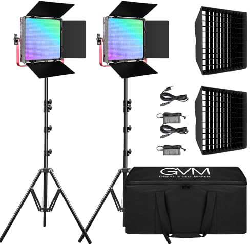 GVM 1200D RGB Videoleuchte Panel mit Lichtstativ, 2er Pack 50W LED Studiolicht Fotografie Licht mit Softbox für Foto Studio YouTube Video Film Streaming 3200K-5600K 22000Lux/0,5m CRI97+ APP Steuerung