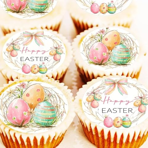 Happy Easter Cake Toppers - Egg Nest Cupcake Toppers - Icing or Wafer - 4cm x 24 - Pre Cut - Bow Eggs Wreath Nests (Edible Wafer)