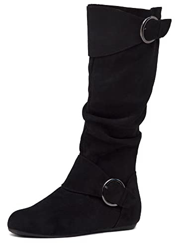 Shoe Land Knee High Boots for Women – Slouchy Suede Flat Boots with Side Zipper, Comfortable Pull-On Fall Winter Knee-High Booties for Walking & Casual Wear, Black, Size 7.0, Bettyy