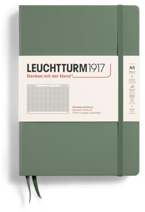 LEUCHTTURM1917 365491 Notizbuch Medium (A5), Hardcover, 251 nummerierte Seiten, Olive, kariert | 251 nummerierte Seiten, Inhaltsverzeichnis, 80 g/m² chamoisfarbenes Papier, säurefrei