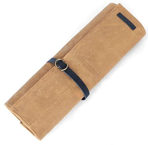 Manjushri Chef Knife Rolls with 9 slots- Canvas Knife Roll Bag with Genuine Leather Belt (Brown)