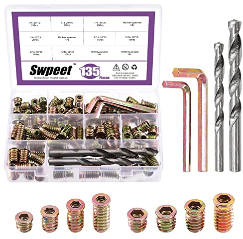 Sweet Lot de 135 inserts galvanisés en acier au carbone 1/4 + 5/16 + forets hélicoïdaux 9 mm + 11 mm Clés M6 M8 Boulons de meubles avec écrou fileté