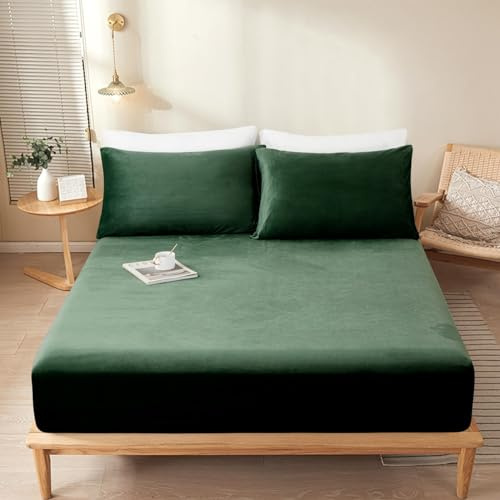 Sedefen Warme Spannbettlaken 140x200cm Dunkelgrün Grün Winter Flannell Bettlaken Plüsch Flauschige Cashmere Touch Boxspringbett Spannbetttuch für 25 bis 30cm Matraze