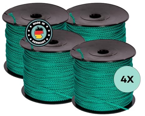 AWOTEX Pflasterschnur Grün 2,00 mm I 4 Rollen à 100 Meter I Richtschnur für Pflastern I langlebig & reißfest I Polypropylen Bauschnur auf PVC Rolle I Maurerschnur für Wasserwaage