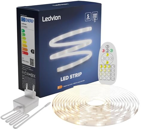 Ledvion Dimmbarer LED-Streifen 5M, 3000K-6500K, 24V, 13W, Plug & Play, Inkl. Fernbedienung, Einstellbare Farbtemperatur, 60 LEDs/m, 20cm, 2 Jahre Garantie, Ohne 2 AAA-Batterien