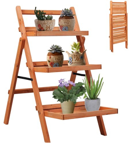 TANGZON 3 Tier Foldable Plant Stand, Wooden Ladder Plant Shelf Holder, Indoor Outdoor Corner Flower Pot Display Rack Shelving Unit for Garden Patio Balcony Living Room Office (Fir Wood, Natural)