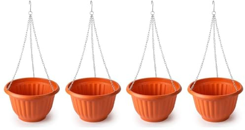 Acan Tradineur - Pack de 4 macetas Redondas Colgantes, plástico, Tiesto, macetero, Recipiente para Plantas, Flores, balcón, terraza, hogar, Fabricada en España (Marrón - 25 x 15 cm)