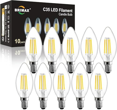 BRIMAX 10Pack 6W E14 LED Candle Bulb Dimmable, SES E14 Bulb Warm White | 60W Equivalent, 2700K, Small Edison Screw SES Candelabra Bulbs, C35 Filament LED Energy Saving Bulb for Indoor Use