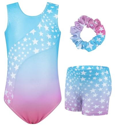 JiAmy Gymnastiktrikåer för flickor, glittrande, ärmlös gymnastikdräkt med shorts, set för barn 3–12 år, 5-6 Years