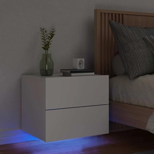 Homgoday Wand-Nachttisch mit LED-Leuchten Nachttisch Hängend Wandschublade Wandboard Nachttischschrank Nachtkommode Weiß 50 x 39 x 41 cm
