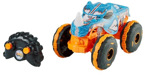 Hot Wheels RC Monster Trucks Rhinomite i skala 1:24, fjärrstyrd leksakstruck, kapacitet för alla typer av terräng med friktionsdäck, fullt fungerande fjärrkontroll, JBK11