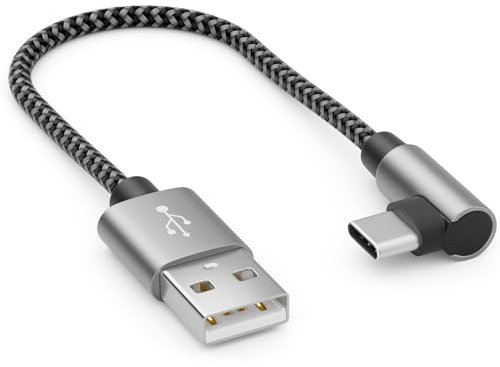 deleyCON 0,15m Cavo USB A a USB C - Spina C Angolata a 90° - Cavo di Ricarica - A a C - Corto da 15cm per iPhone 15 16 17 Pro Max Samsung S25 S24 S23 Pixel iPad Pro MacBook Air Tablets Switch PS5