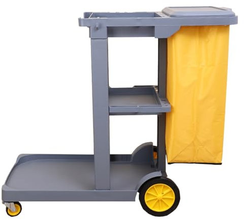 Reinigungswagen Hausmeisterwagen, Haushaltswagen mit 300 Pfund Tragkraft, Reinigungswagen aus Kunststoff mit 3 Ablagen, 25-Gallonen-Beutel mit Deckel(Gray-)
