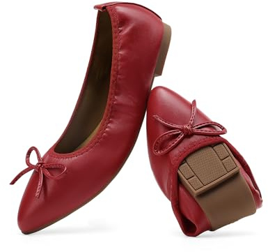 DREAM PAIRS Zapatos planos plegables para mujer, con puntera puntiaguda, con lazo, cómodos, sin cordones, zapatos de vestir, Rojo -, 38.5 EU