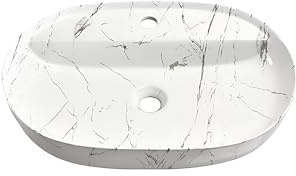 Omeble Waschbecken Oval Keramik - 50 x 40 x 13 cm - Weiß/Marmor Aufsatzwaschbecken für das Badezimmer und Gäste-WC - Waschschale - Aufsatzbecken - Handwaschbecken -Design